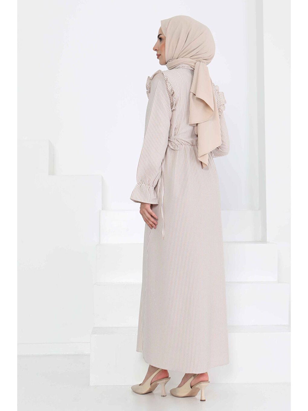 Bej Çizgili Elbise Vizon - 27187-5