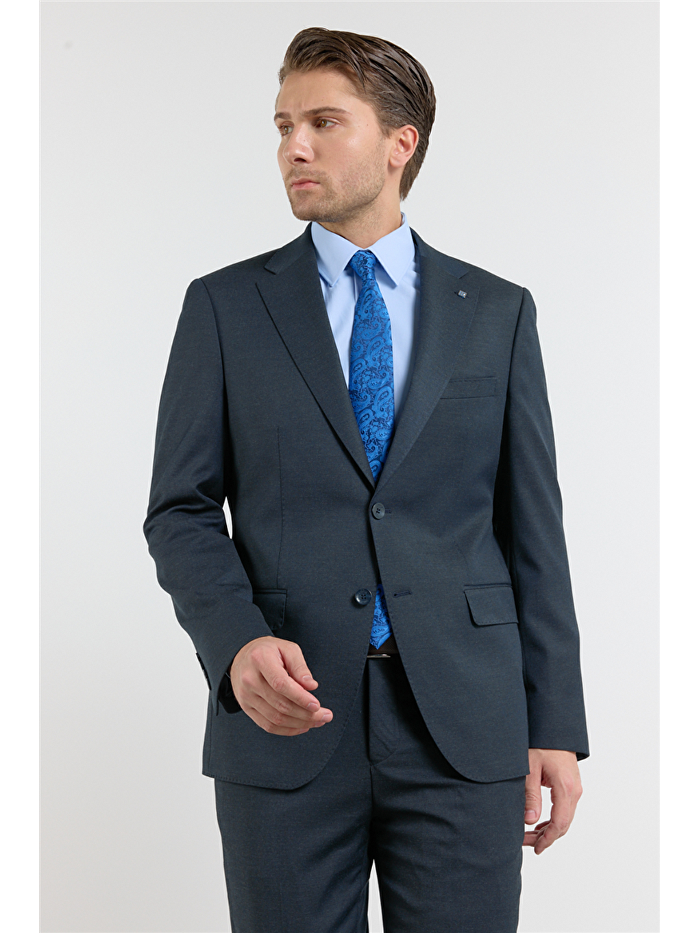 Koyu Lacivert Mono Yaka Düz Desen 6 Drop Comfort Fit Esnek Bel Takım Elbise 1001260152-1