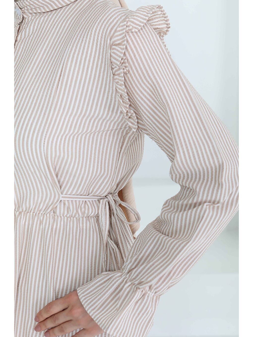 Bej Çizgili Elbise Vizon - 27187-6