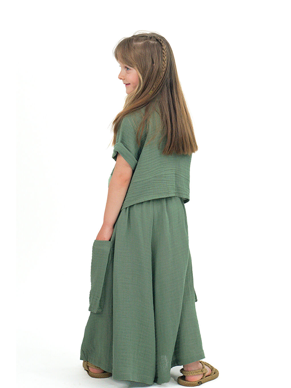 Haki Kız Çocuk Cali Kahve Müslin Pantolon Etek ve Gömlek Takım-1