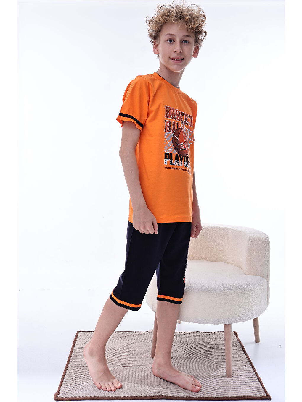 Turuncu Erkek Çocuk %100 Doğal Pamuk Kısa Kollu  Kaprili Pijama Takımı-3