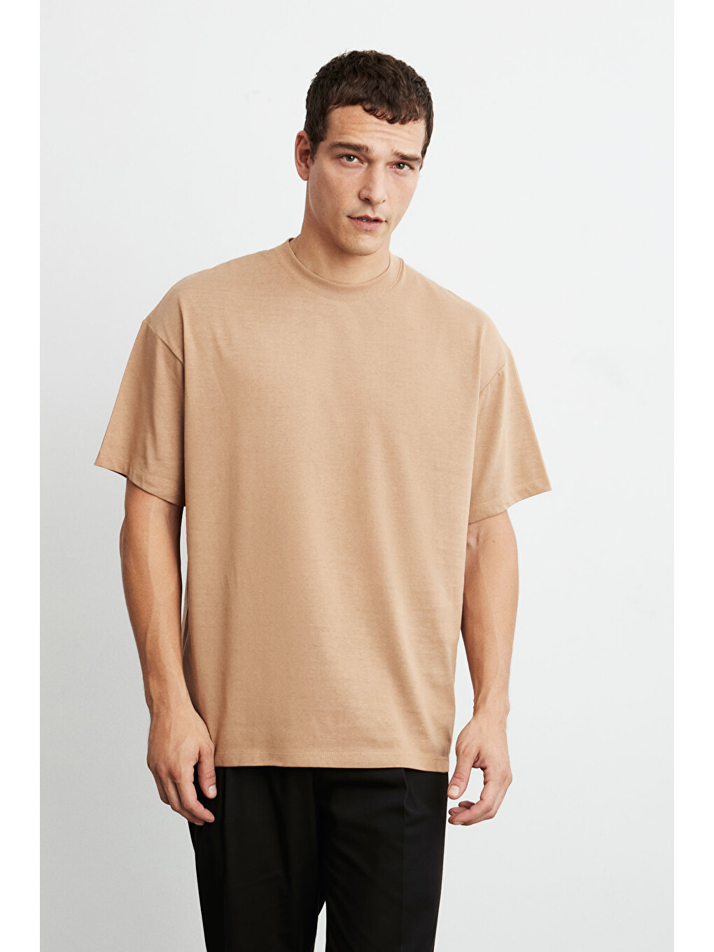 Kahverengi JETT Erkek Oversize Fit %100 organik Pamuk Kalın Dokulu Bisiklet Yakalı KAHVERENGİ T-Shirt-3
