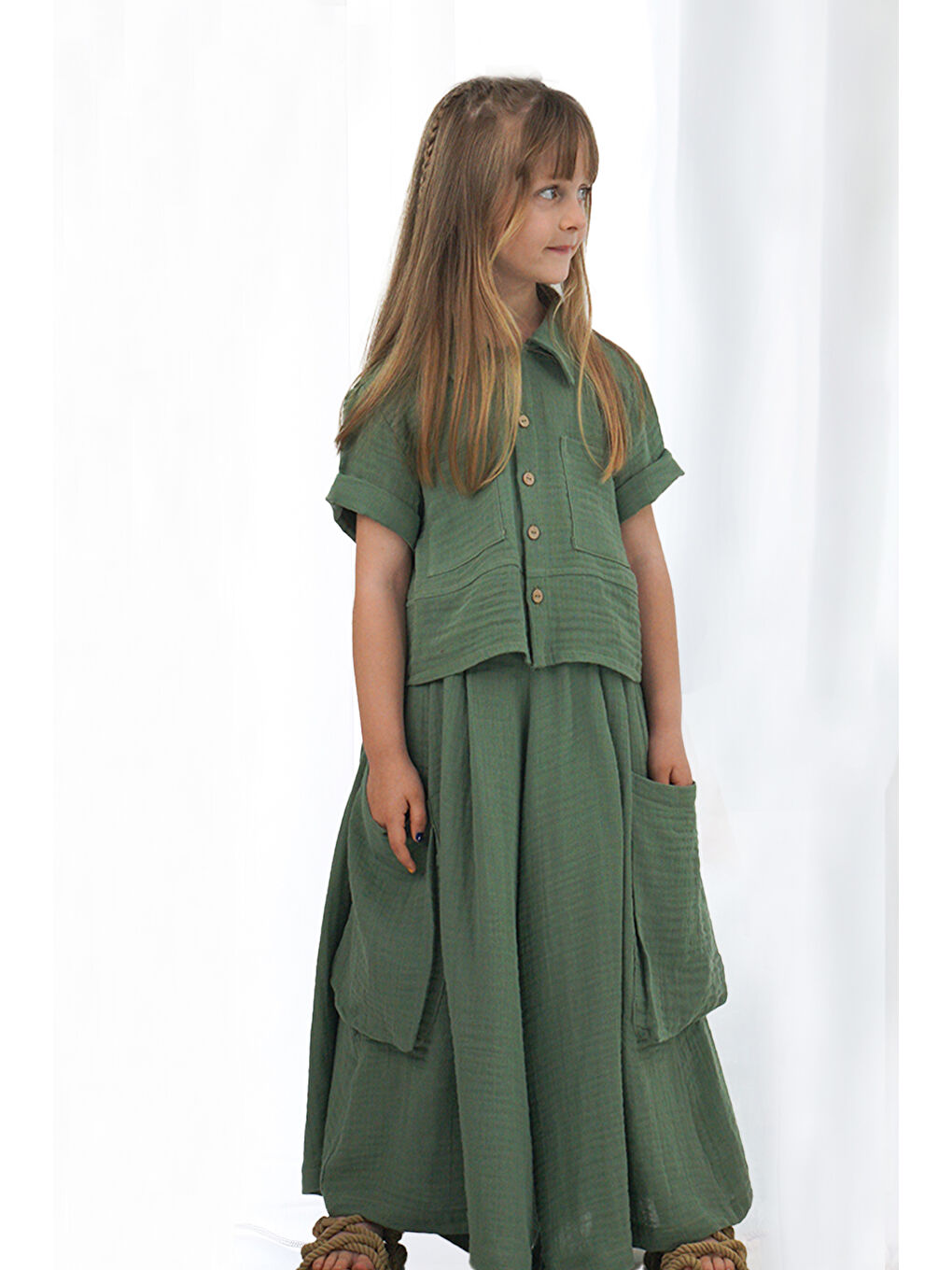 Haki Kız Çocuk Cali Kahve Müslin Pantolon Etek ve Gömlek Takım-2
