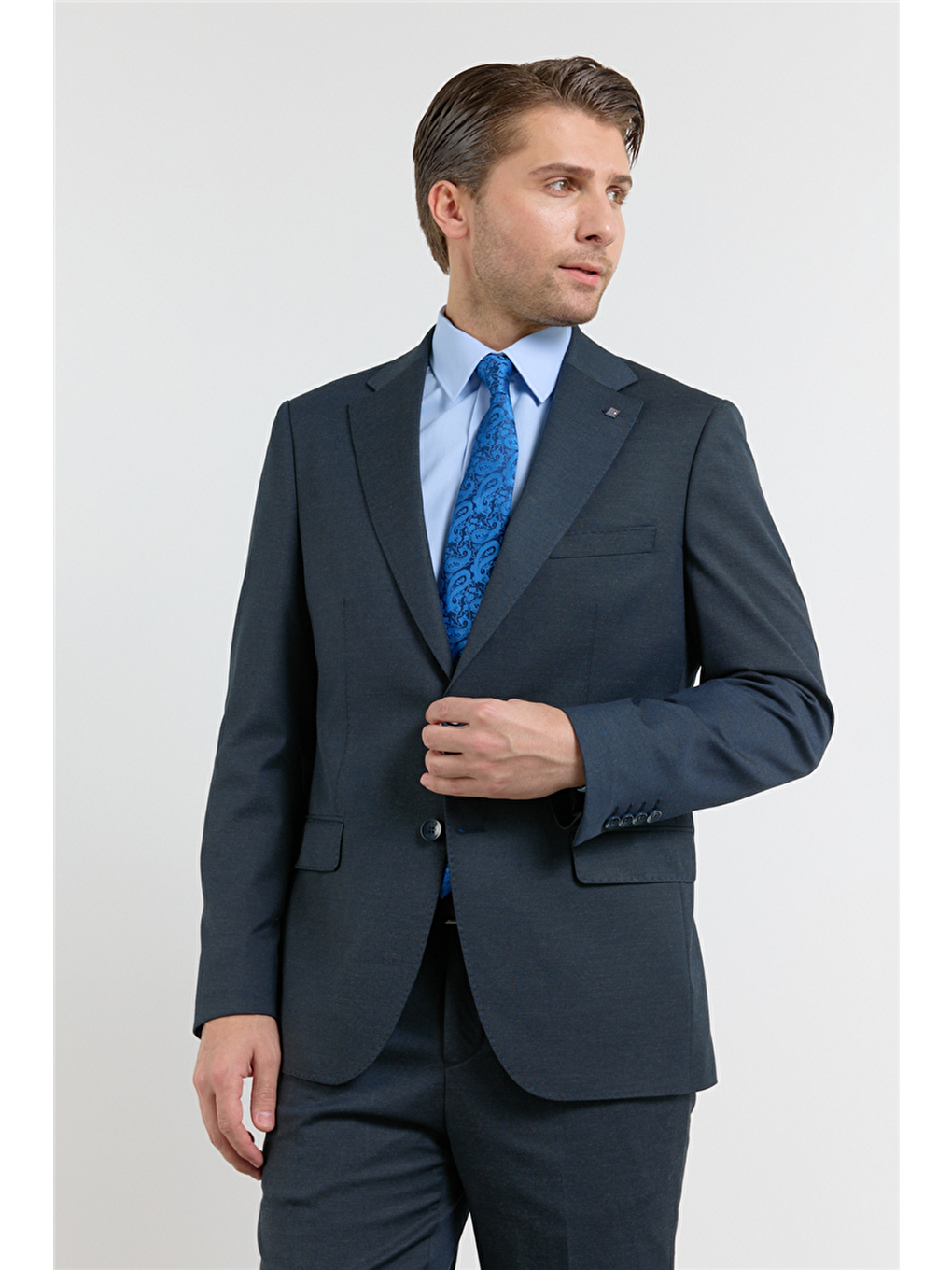 Koyu Lacivert Mono Yaka Düz Desen 6 Drop Comfort Fit Esnek Bel Takım Elbise 1001260152-3