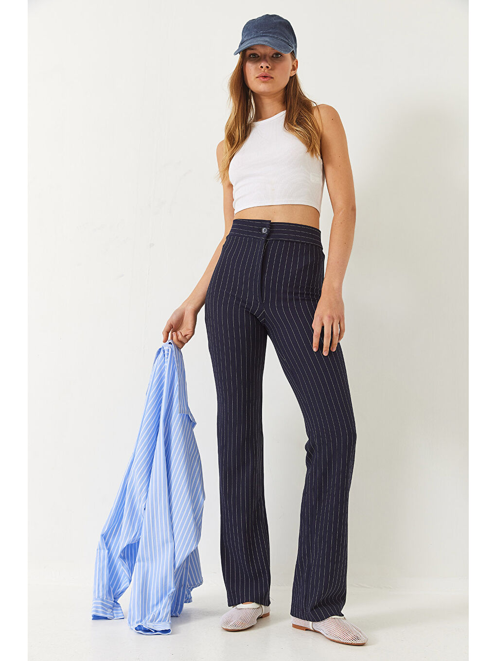Lacivert Kadın Yüksek Bel Çizgili İspanyol Kesim Pantolon-2