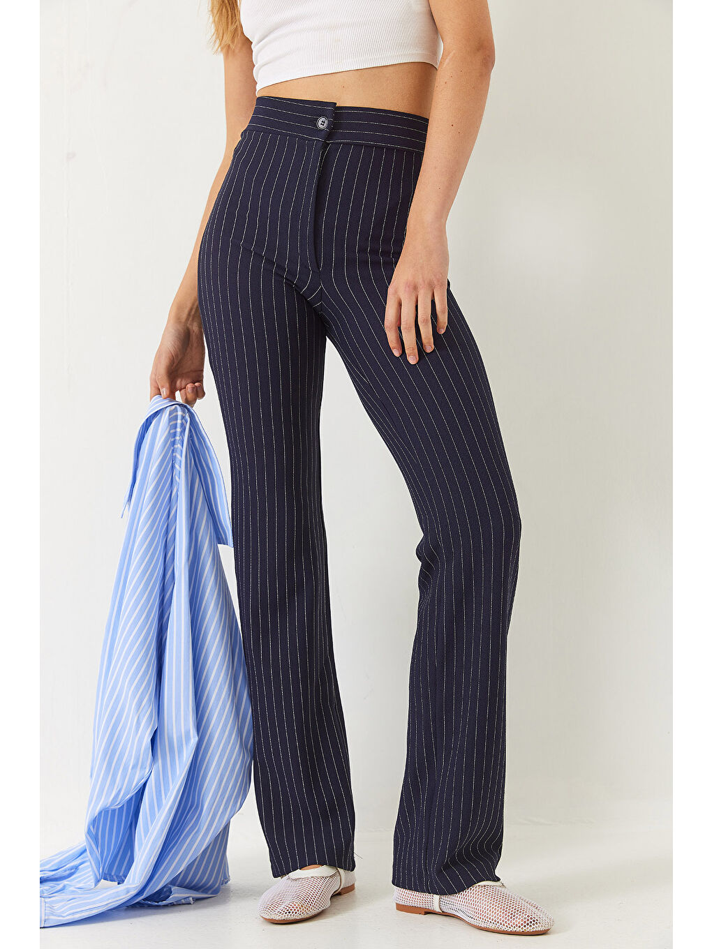 Lacivert Kadın Yüksek Bel Çizgili İspanyol Kesim Pantolon-3