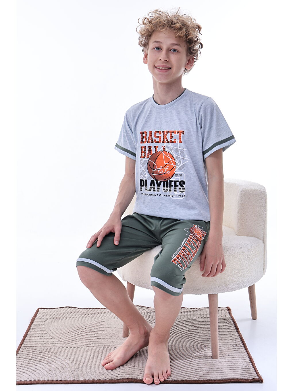 Gri Erkek Çocuk %100 Doğal Pamuk Kısa Kollu  Kaprili Pijama Takımı-2