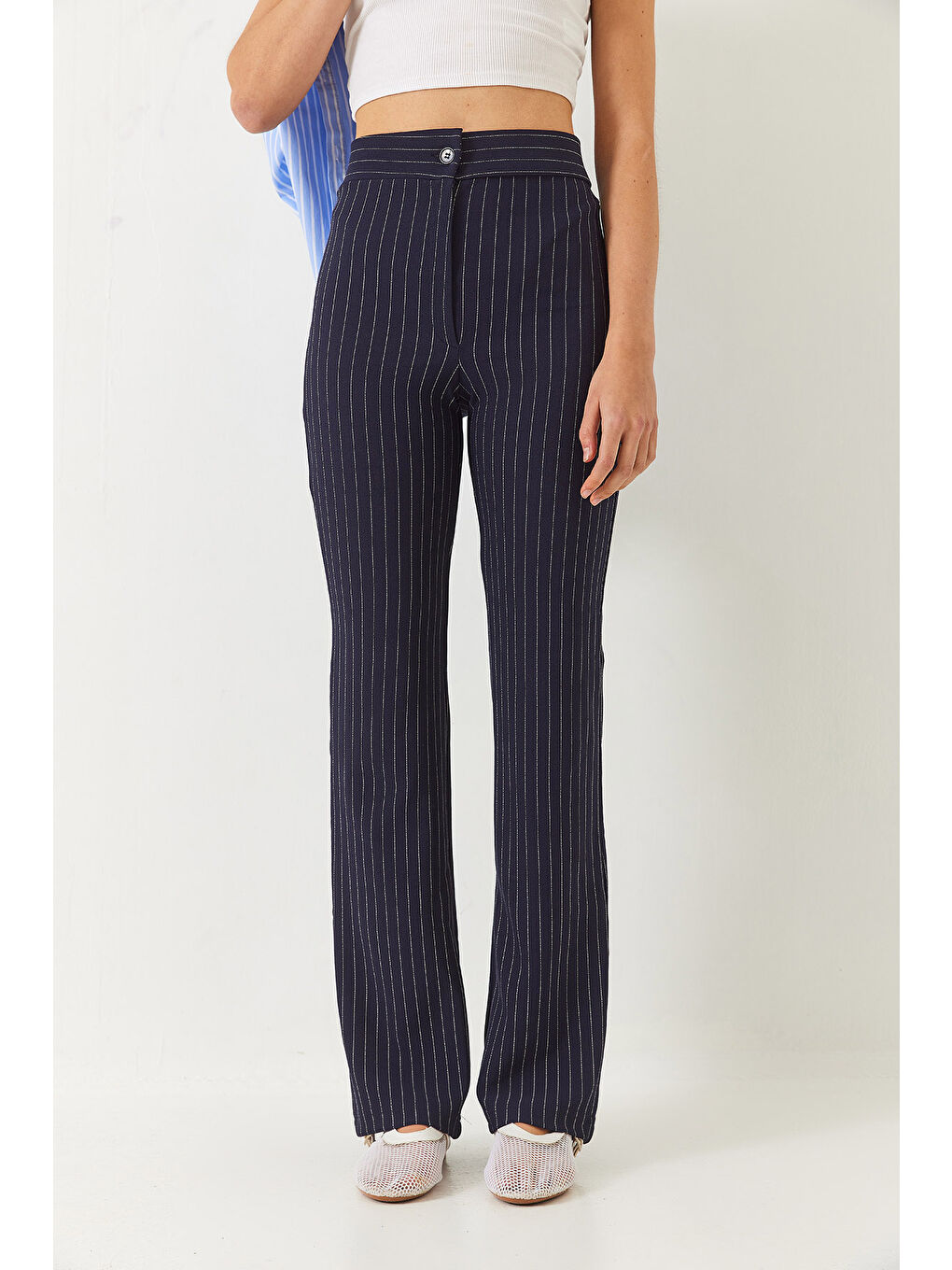Lacivert Kadın Yüksek Bel Çizgili İspanyol Kesim Pantolon-4