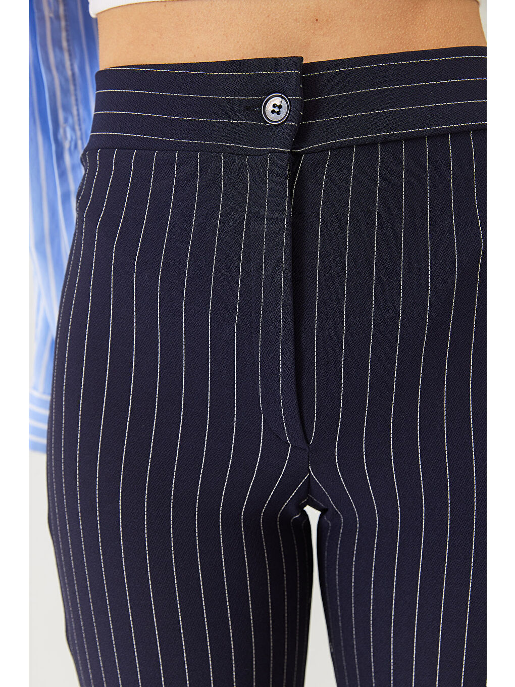 Lacivert Kadın Yüksek Bel Çizgili İspanyol Kesim Pantolon-5