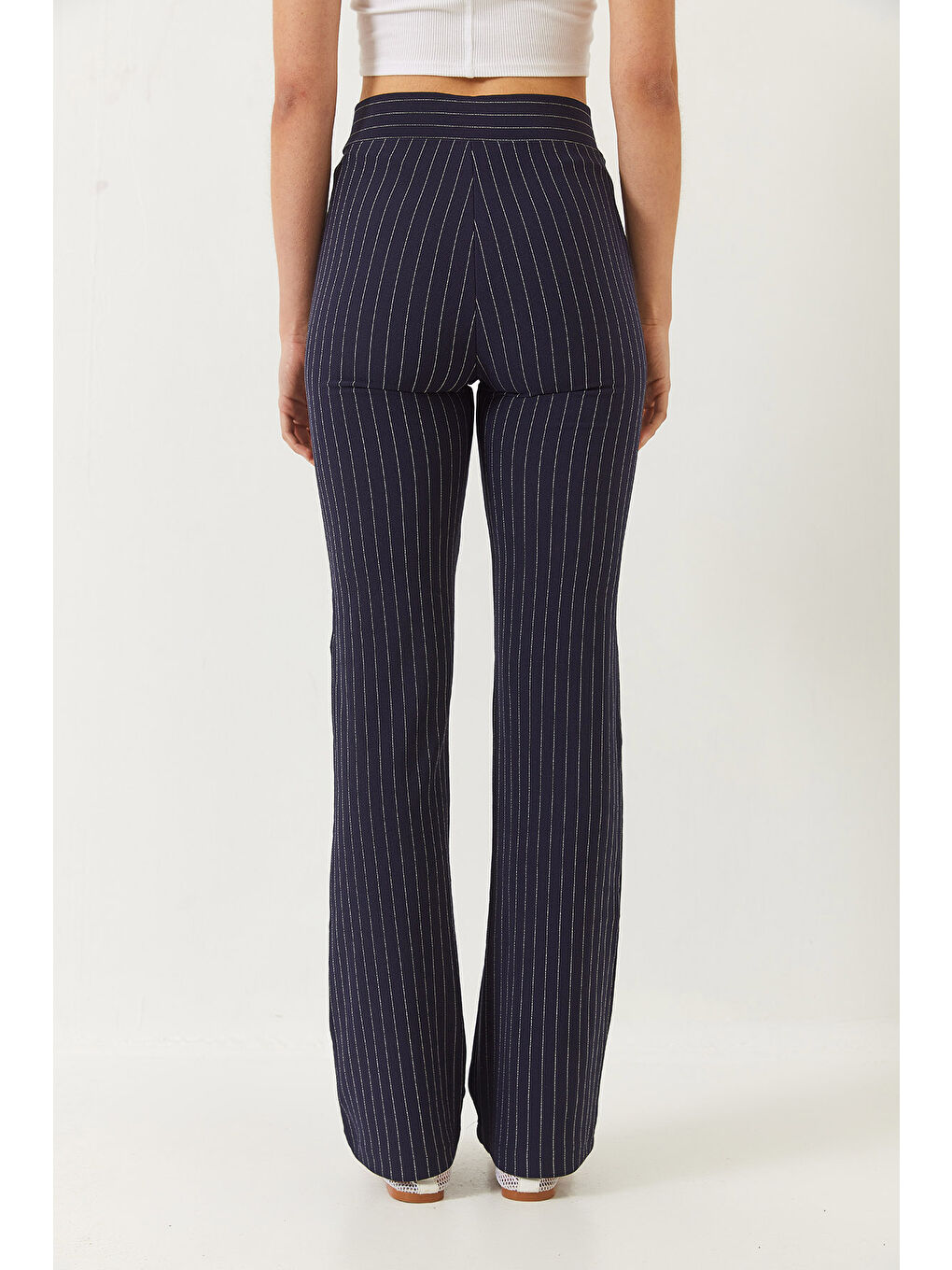 Lacivert Kadın Yüksek Bel Çizgili İspanyol Kesim Pantolon-6