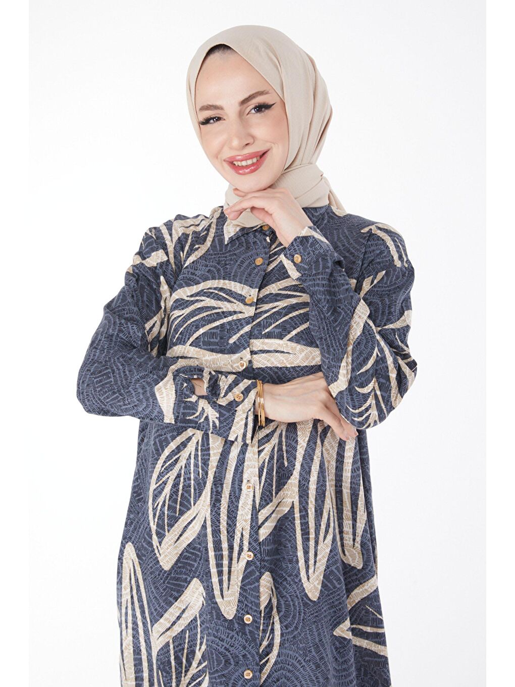 Gömlek Yaka Kadın Gri Desenli Tunik - 25040-1