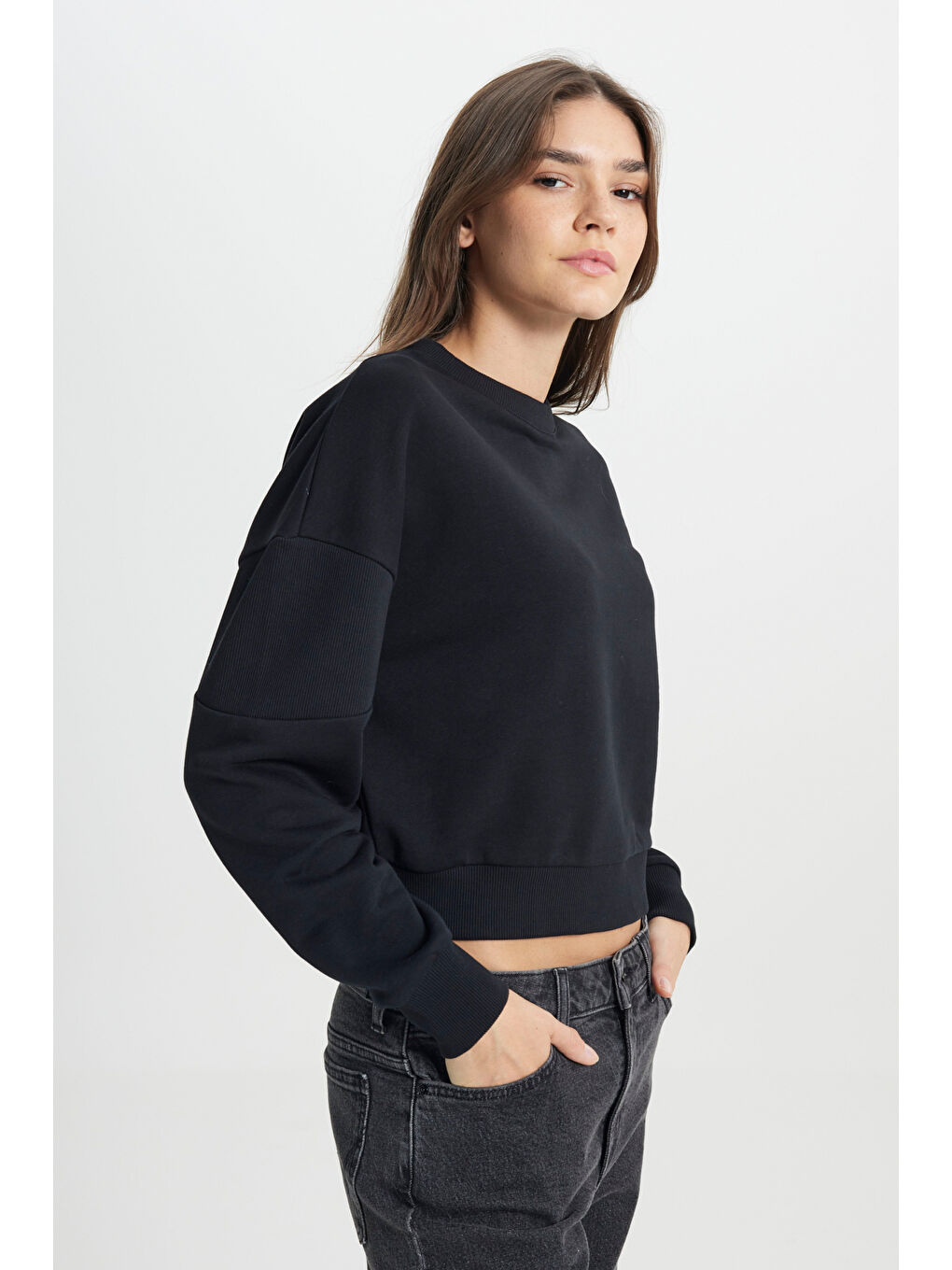 Siyah Relaxed Fit Geniş Kesim Bisiket Yaka Antrasit Sweatshirt-2
