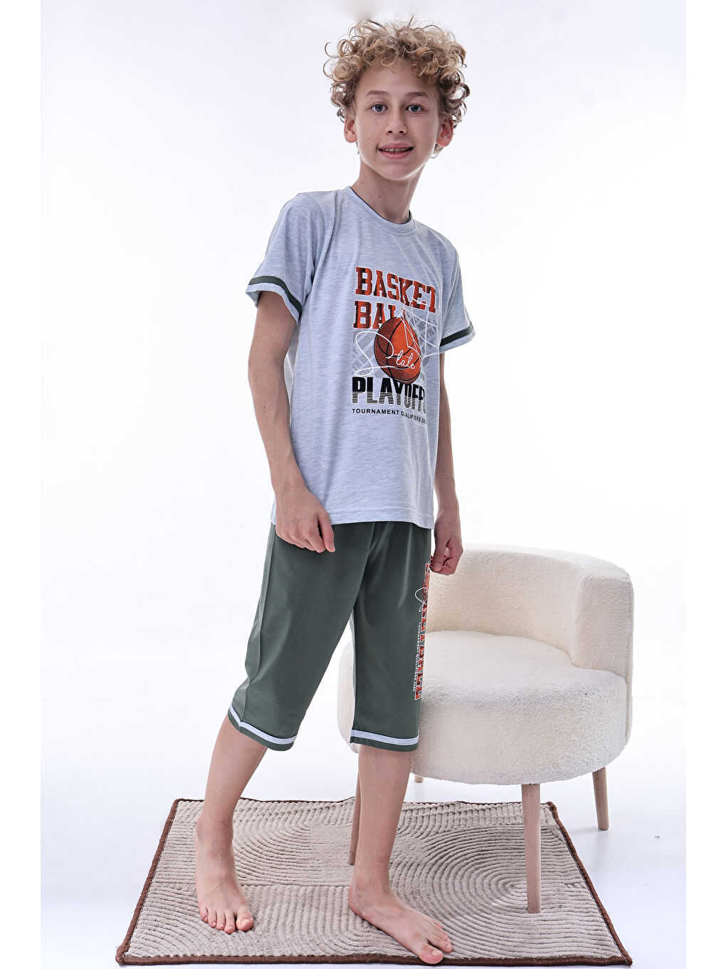 Gri Erkek Çocuk %100 Doğal Pamuk Kısa Kollu  Kaprili Pijama Takımı-3