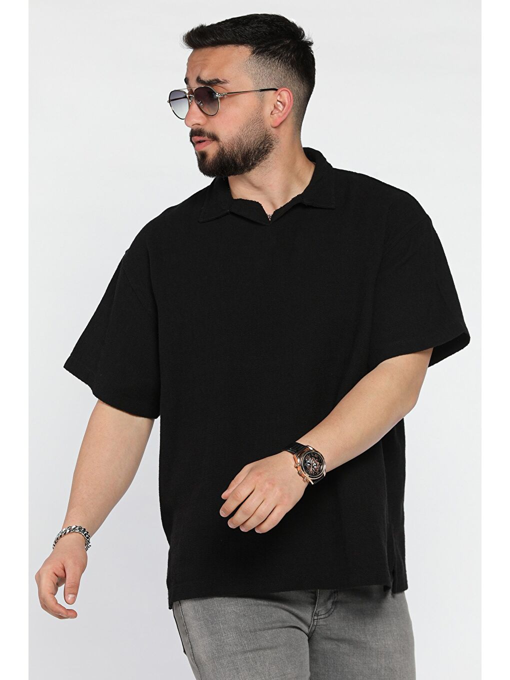 Siyah Erkek Polo Yaka Oversize Basic Tişört-1