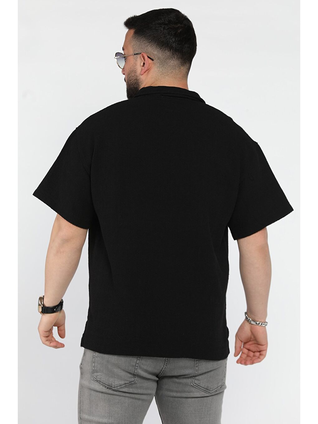 Siyah Erkek Polo Yaka Oversize Basic Tişört-2