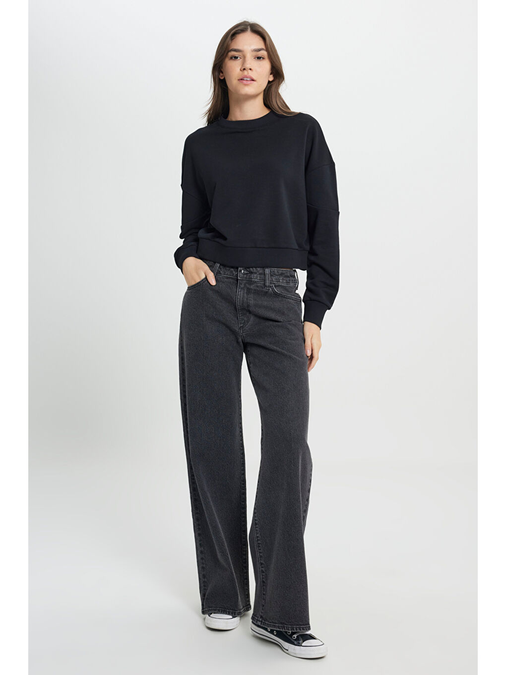 Siyah Relaxed Fit Geniş Kesim Bisiket Yaka Antrasit Sweatshirt-3