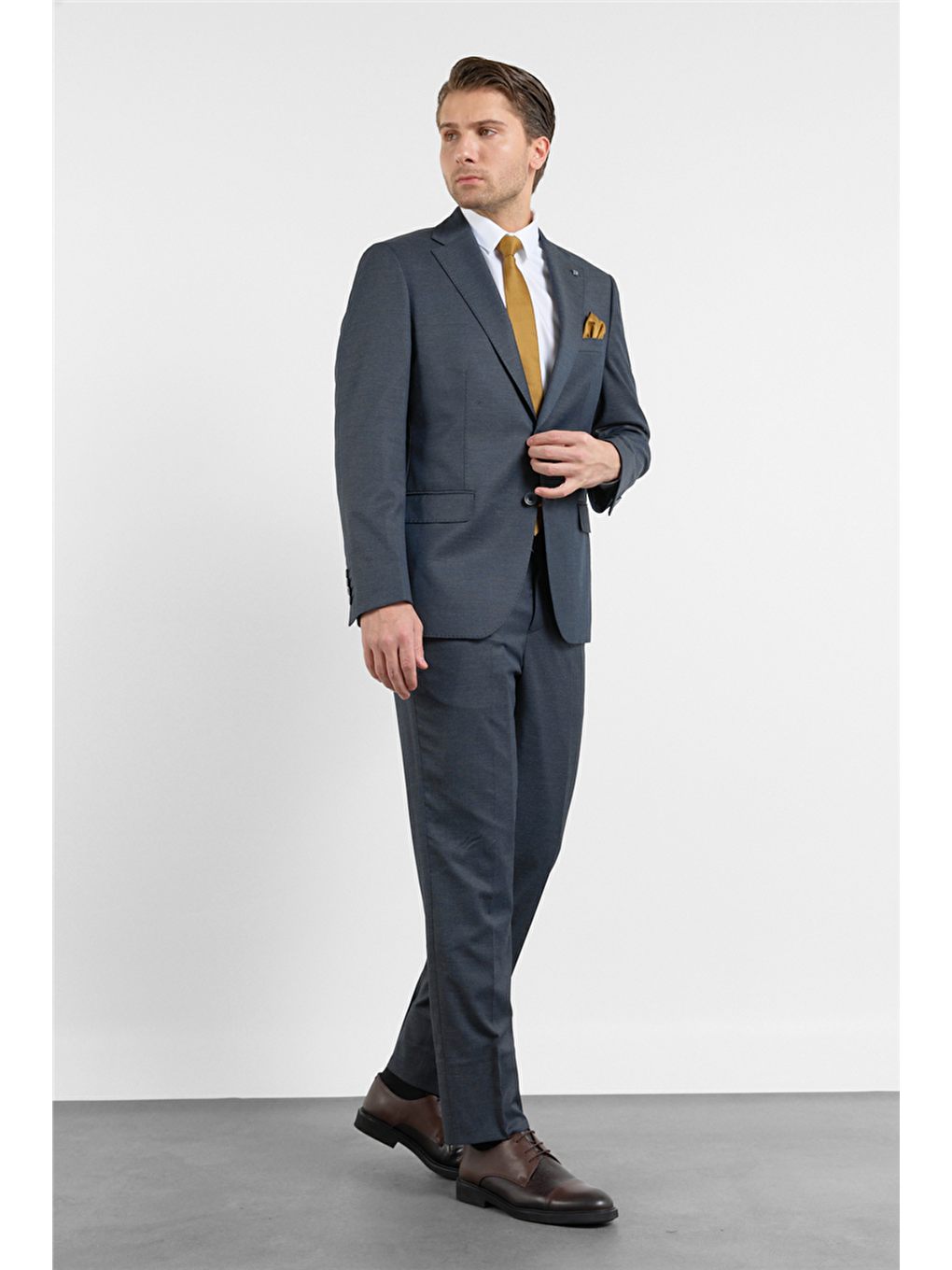 Açık Lacivert Mono Yaka Düz Desen 6 Drop Comfort Fit Esnek Bel Takım Elbise 1001260152-1