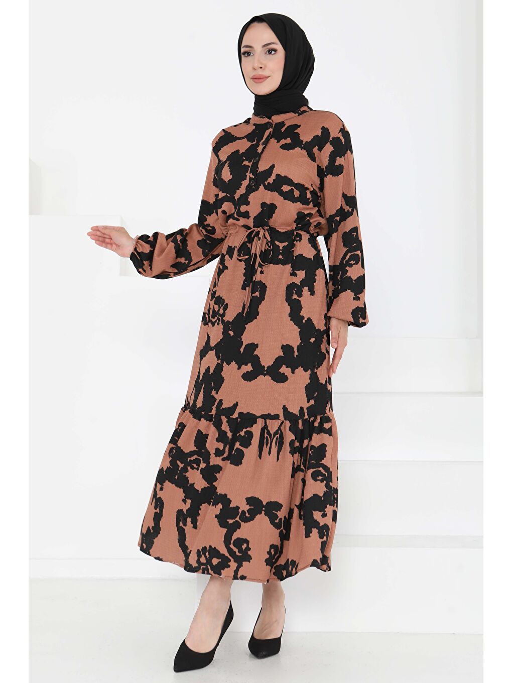 Kahverengi Desenli Düğmeli Elbise Taba - 27189