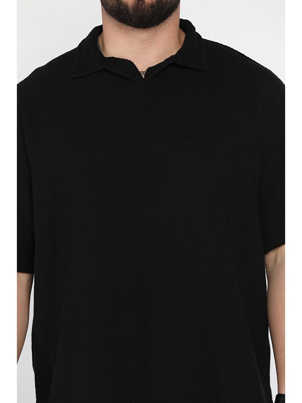 Siyah Erkek Polo Yaka Oversize Basic Tişört-3