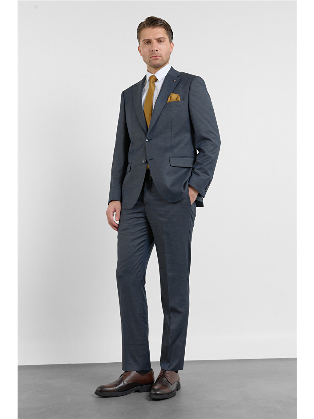 Açık Lacivert Mono Yaka Düz Desen 6 Drop Comfort Fit Esnek Bel Takım Elbise 1001260152-2