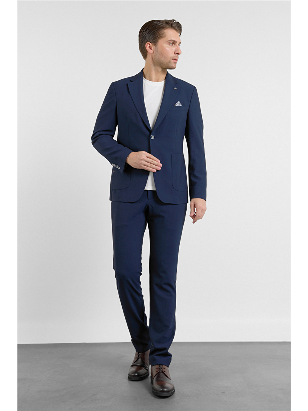 Lacivert Mono Yaka Düz Desen 6 Drop Slim Fit Esnek Takım Elbise 1001260157