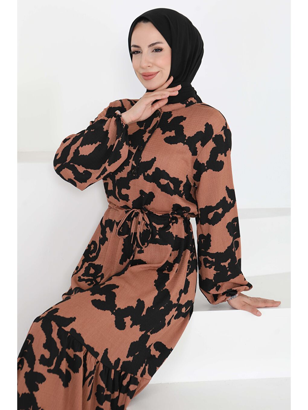 Kahverengi Desenli Düğmeli Elbise Taba - 27189-1