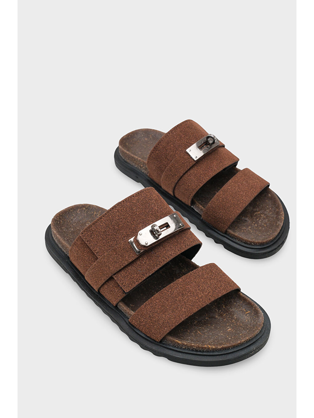 Kahverengi Regan Düz Topuklu Metal Tokalı Konfor Kadın Terlik-1