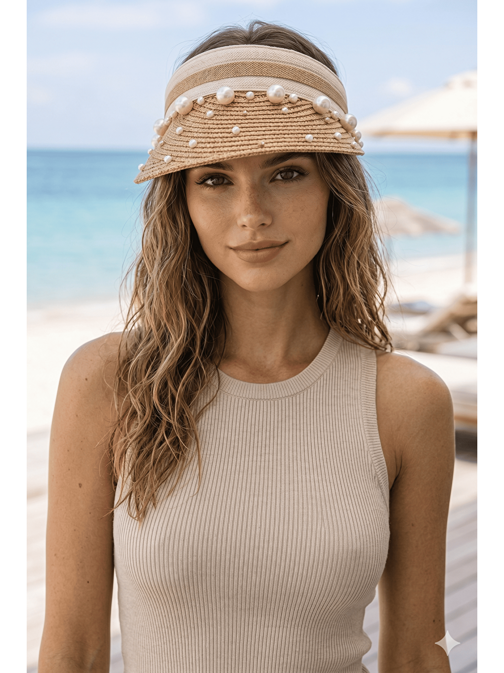 Kahverengi Kadın Camel Hasır İncili Vizör Şapka Yazlık Plaj Şapkası HSR2134 KAHVERENGI