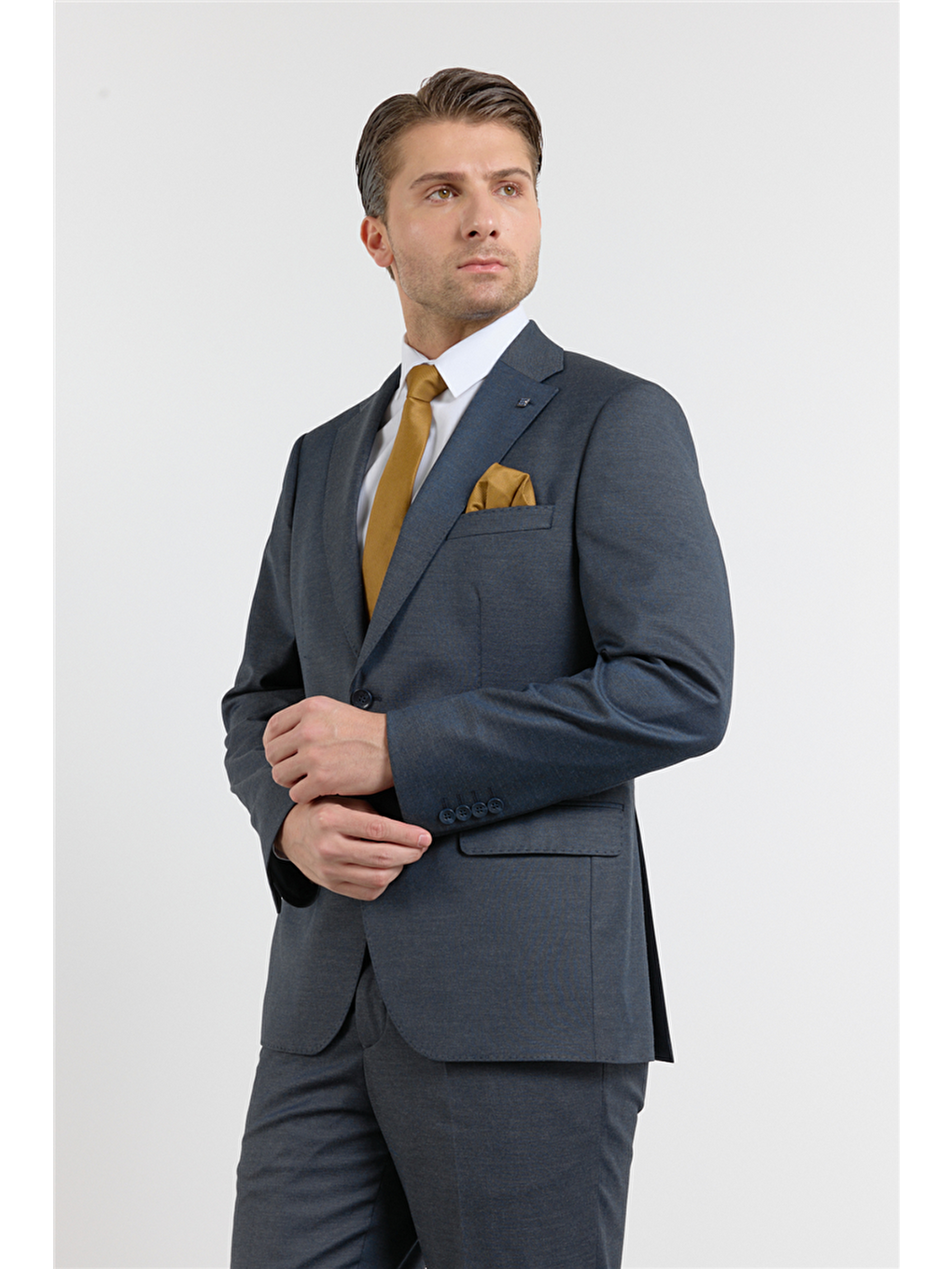 Açık Lacivert Mono Yaka Düz Desen 6 Drop Comfort Fit Esnek Bel Takım Elbise 1001260152-3