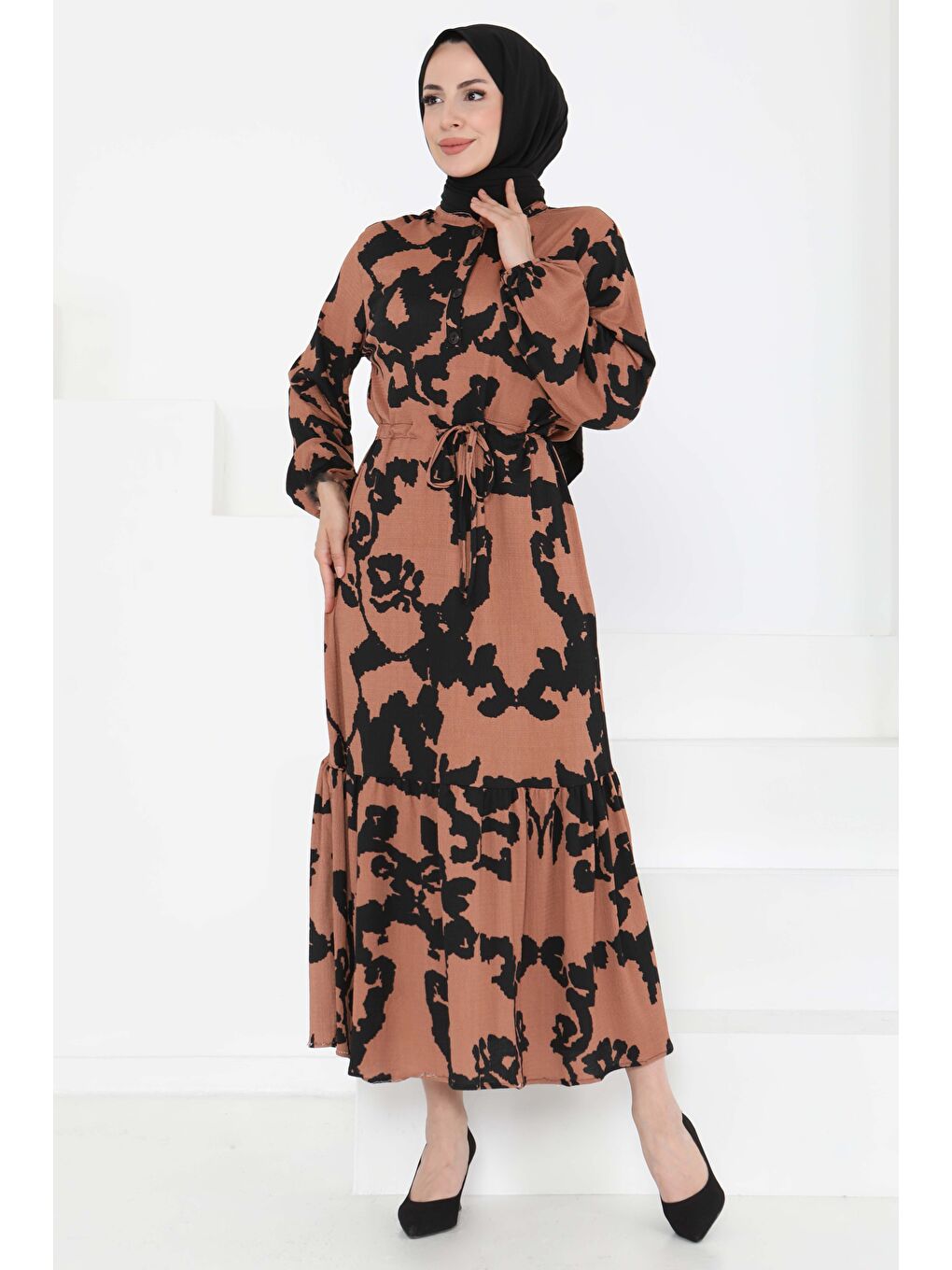 Kahverengi Desenli Düğmeli Elbise Taba - 27189-2