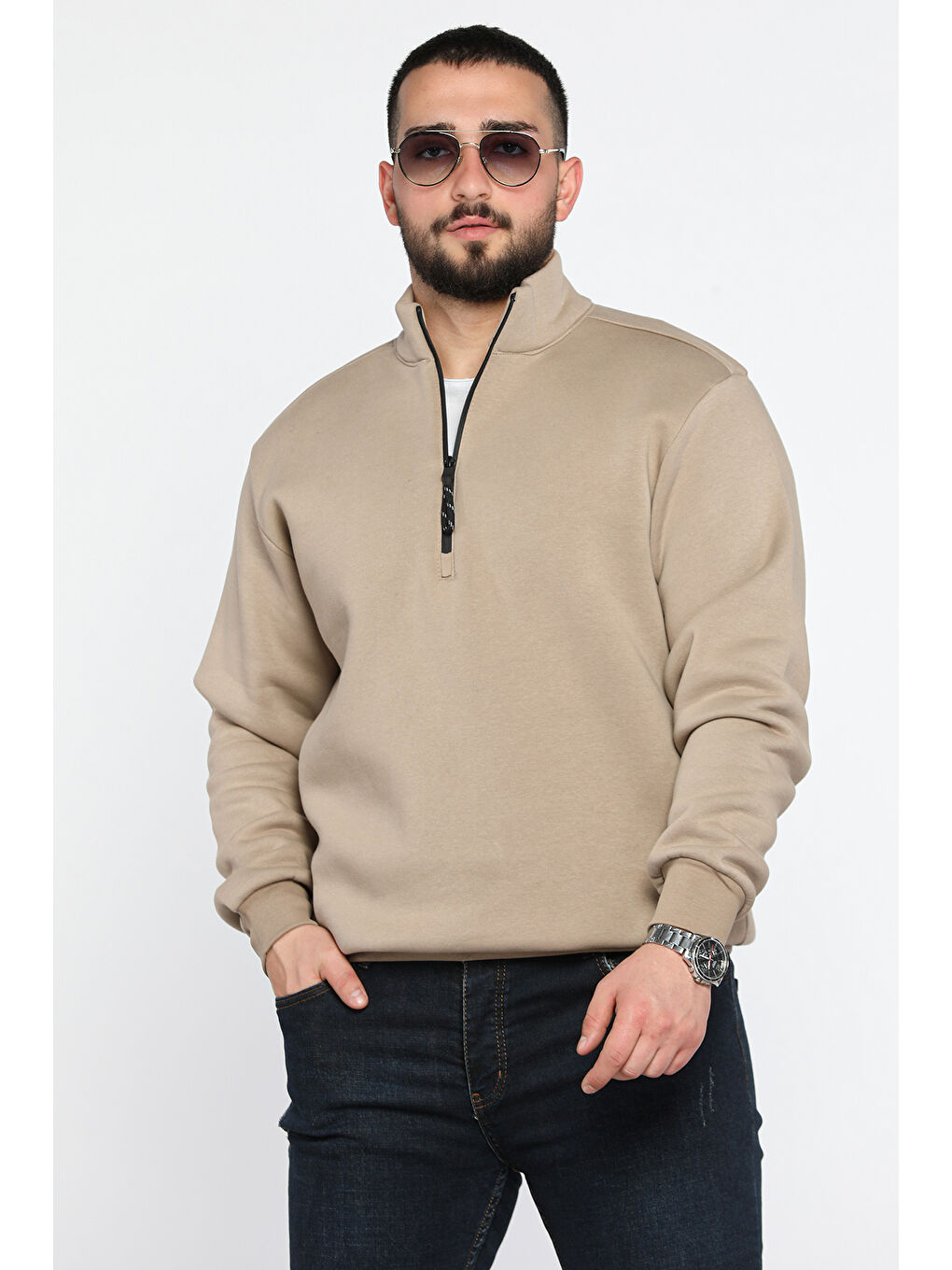 Mishar İtalia Bej Erkek Yarım Balıkçı Yaka Şardonlu Fermuarlı Sweatshirt