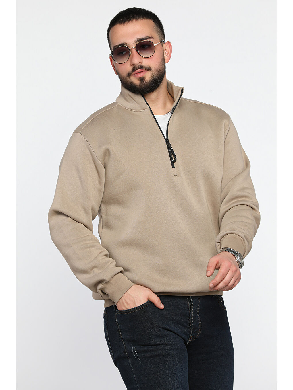 Mishar İtalia Bej Erkek Yarım Balıkçı Yaka Şardonlu Fermuarlı Sweatshirt - 1