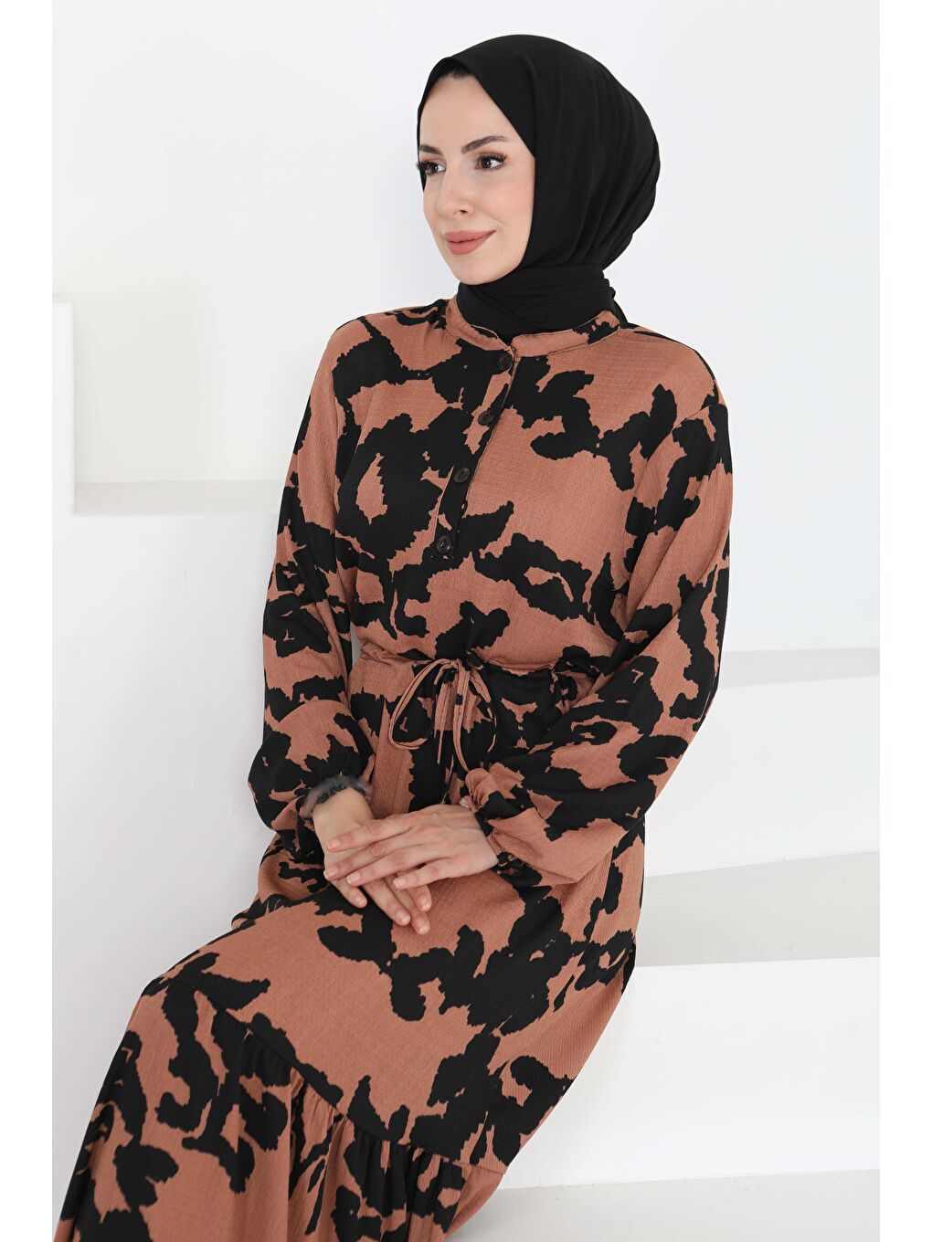 Kahverengi Desenli Düğmeli Elbise Taba - 27189-3
