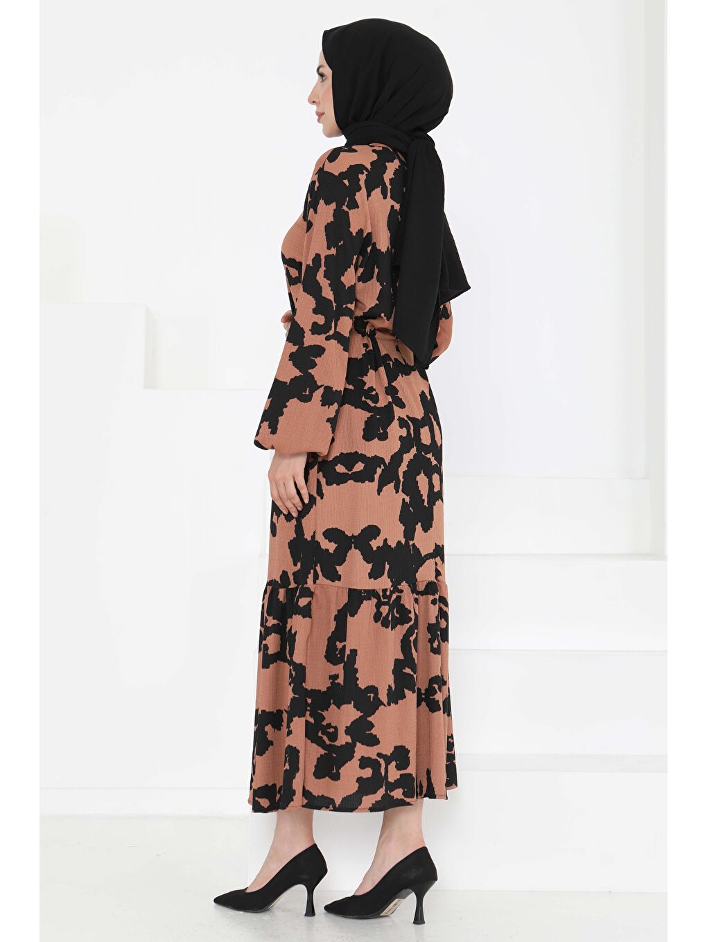 Kahverengi Desenli Düğmeli Elbise Taba - 27189-5