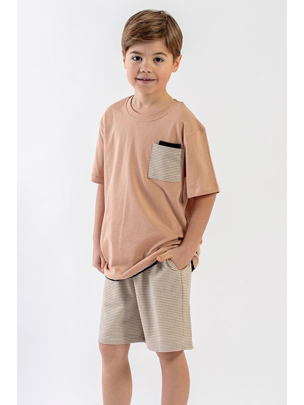 Bej Bisiklet Yaka Erkek Çocuk Şortlu Takım