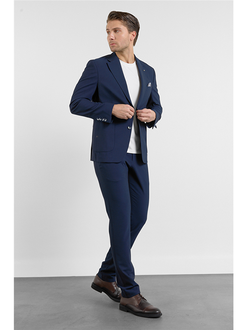 Lacivert Mono Yaka Düz Desen 6 Drop Slim Fit Esnek Takım Elbise 1001260157-2