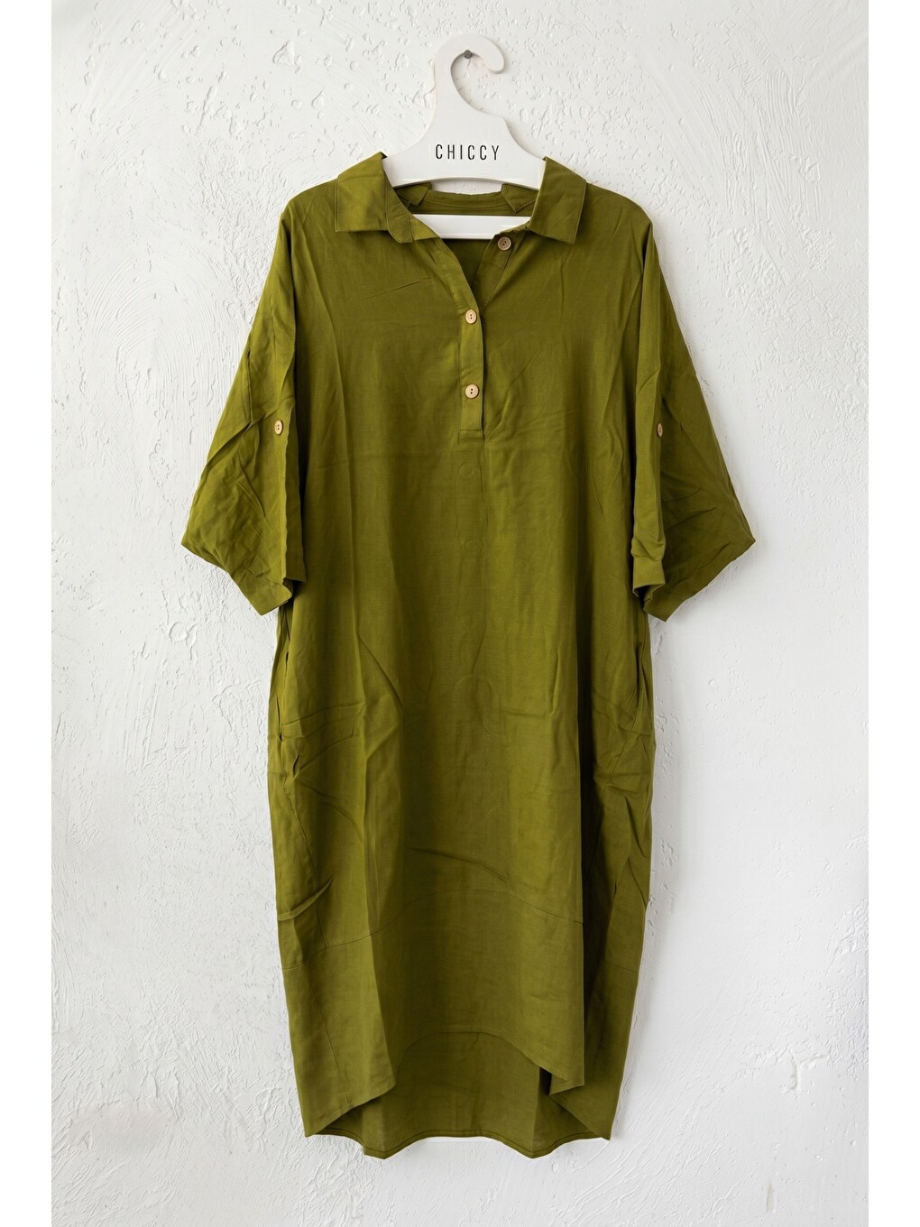 Çam Yeşili Gömlek Yaka Düğmeli 3/4 Kol Gizli Cepli Casual Oversize Dokuma Elbise 115 70-1