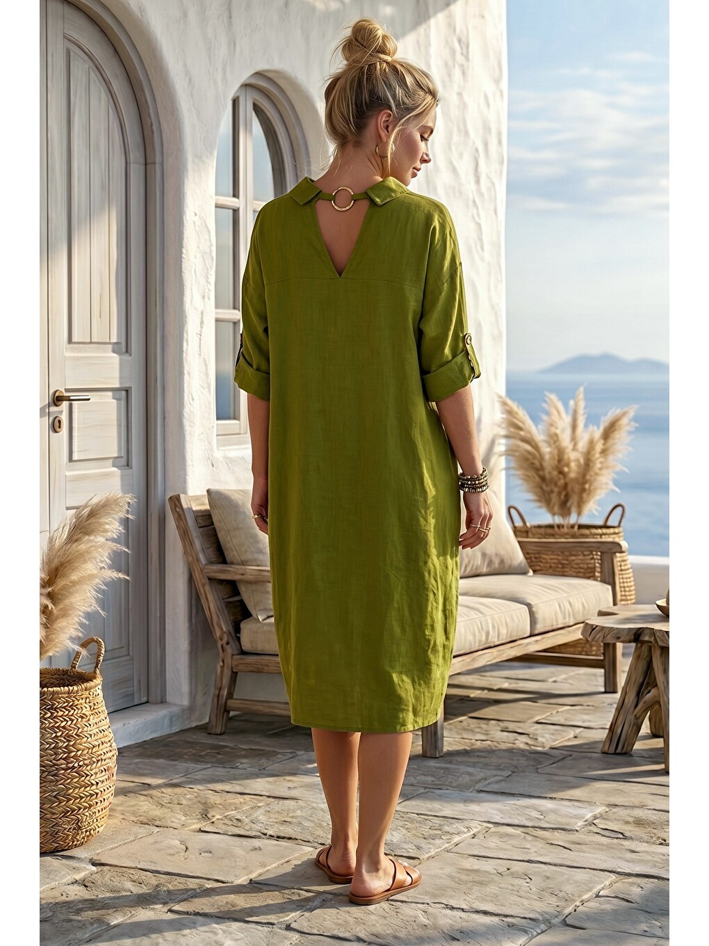 Çam Yeşili Gömlek Yaka Düğmeli 3/4 Kol Gizli Cepli Casual Oversize Dokuma Elbise 115 70-2