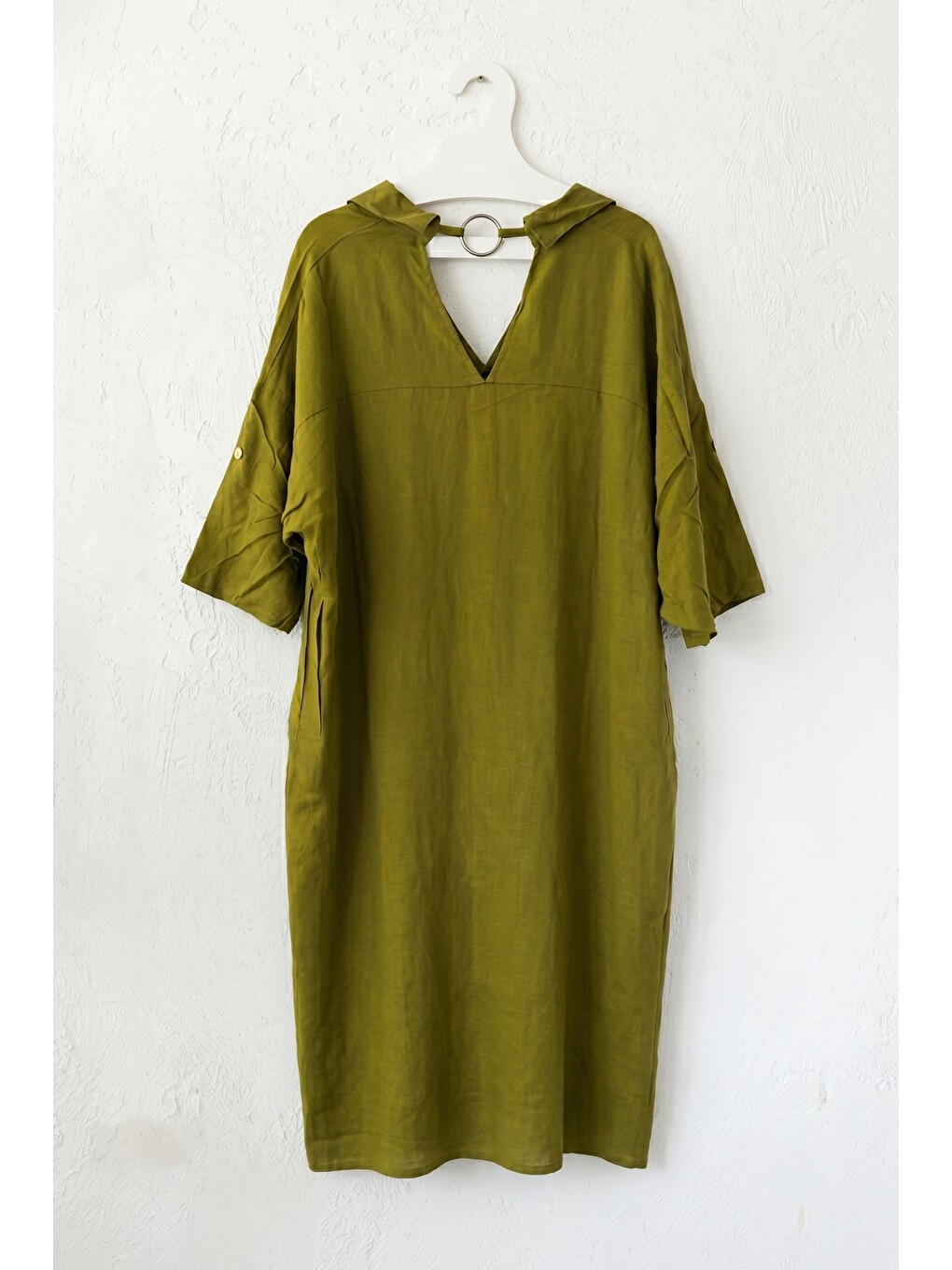 Çam Yeşili Gömlek Yaka Düğmeli 3/4 Kol Gizli Cepli Casual Oversize Dokuma Elbise 115 70-3