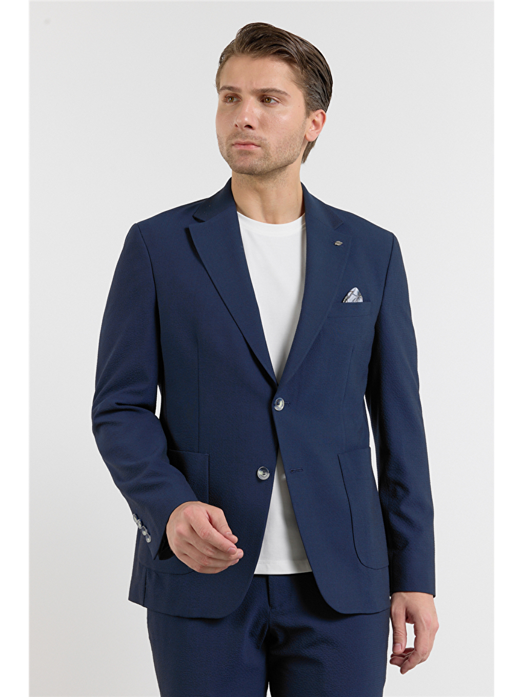 Lacivert Mono Yaka Düz Desen 6 Drop Slim Fit Esnek Takım Elbise 1001260157-3