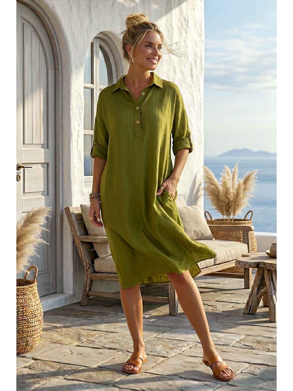 Çam Yeşili Gömlek Yaka Düğmeli 3/4 Kol Gizli Cepli Casual Oversize Dokuma Elbise 115 70-4