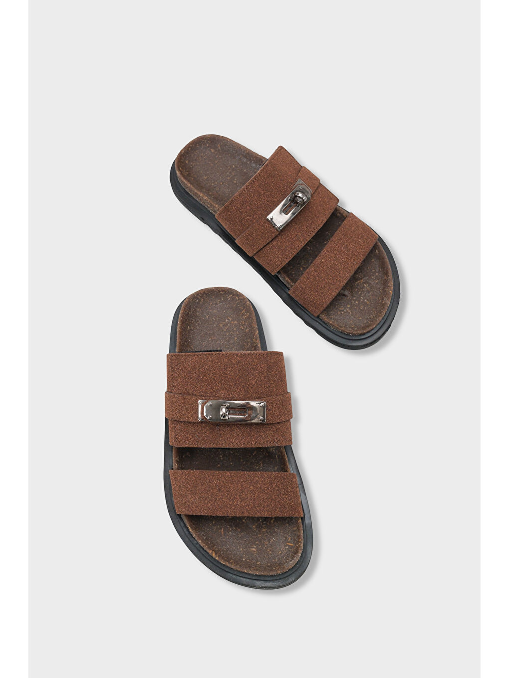 Kahverengi Regan Düz Topuklu Metal Tokalı Konfor Kadın Terlik-5