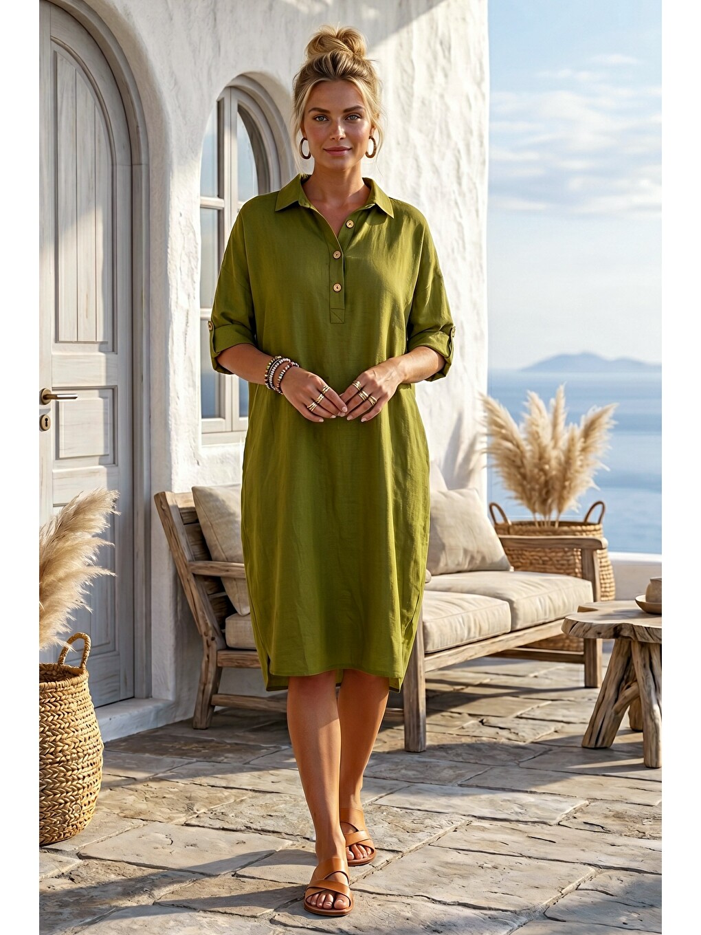 Çam Yeşili Gömlek Yaka Düğmeli 3/4 Kol Gizli Cepli Casual Oversize Dokuma Elbise 115 70-5