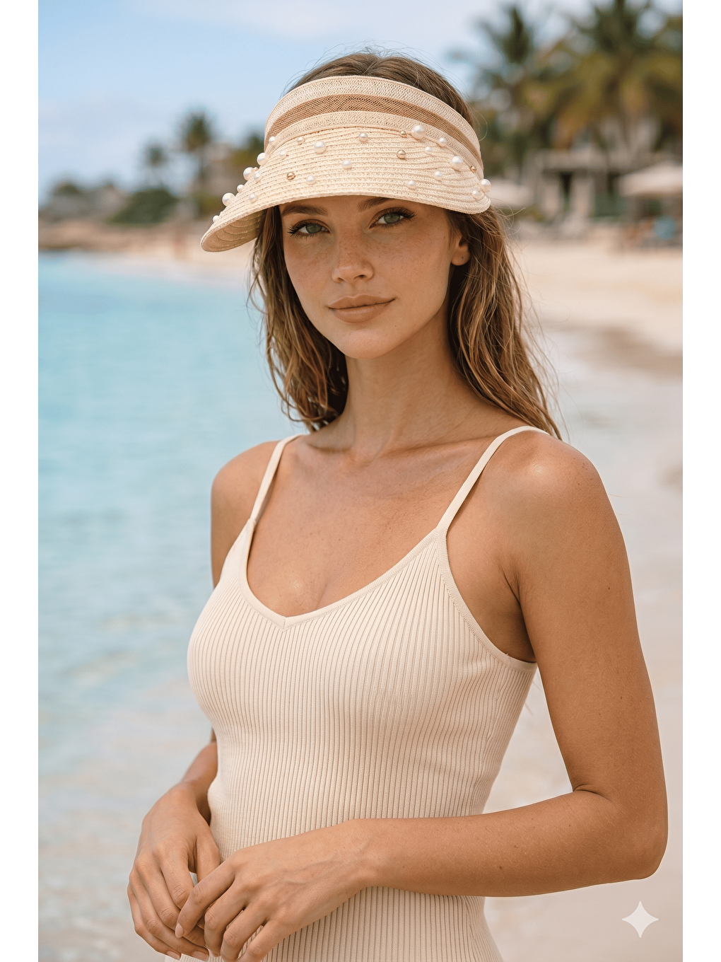 Ekru Kadın Krem Hasır İncili Vizör Şapka Yazlık Plaj Şapkası HSR2134 KREM