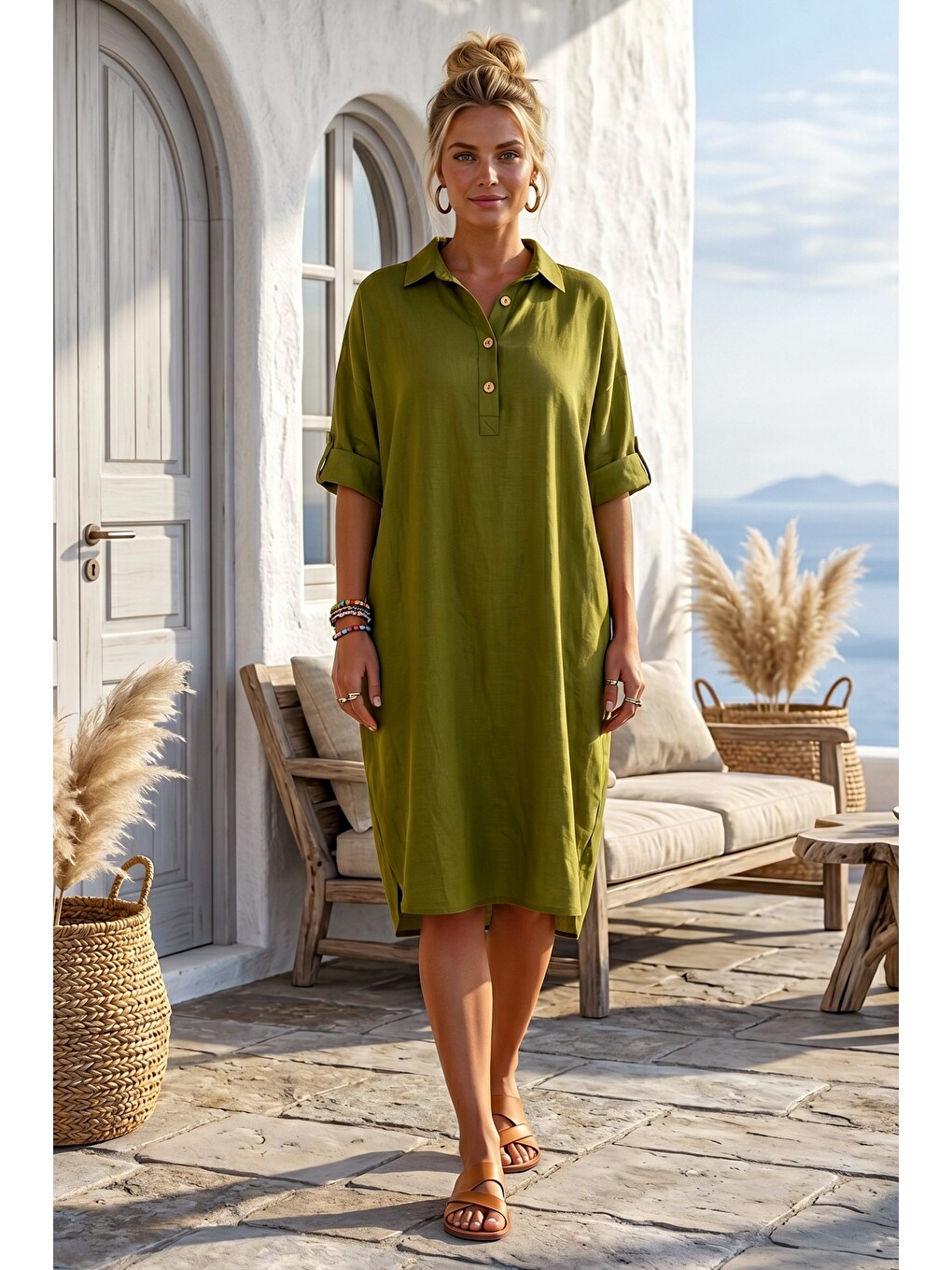 Çam Yeşili Gömlek Yaka Düğmeli 3/4 Kol Gizli Cepli Casual Oversize Dokuma Elbise 115 70-6