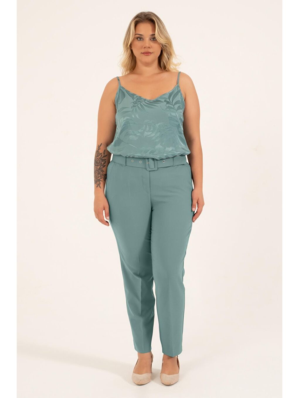 Mylinemoda Mint Yeşil Cep Detaylı Kemerli Klasik Pantolon - 1