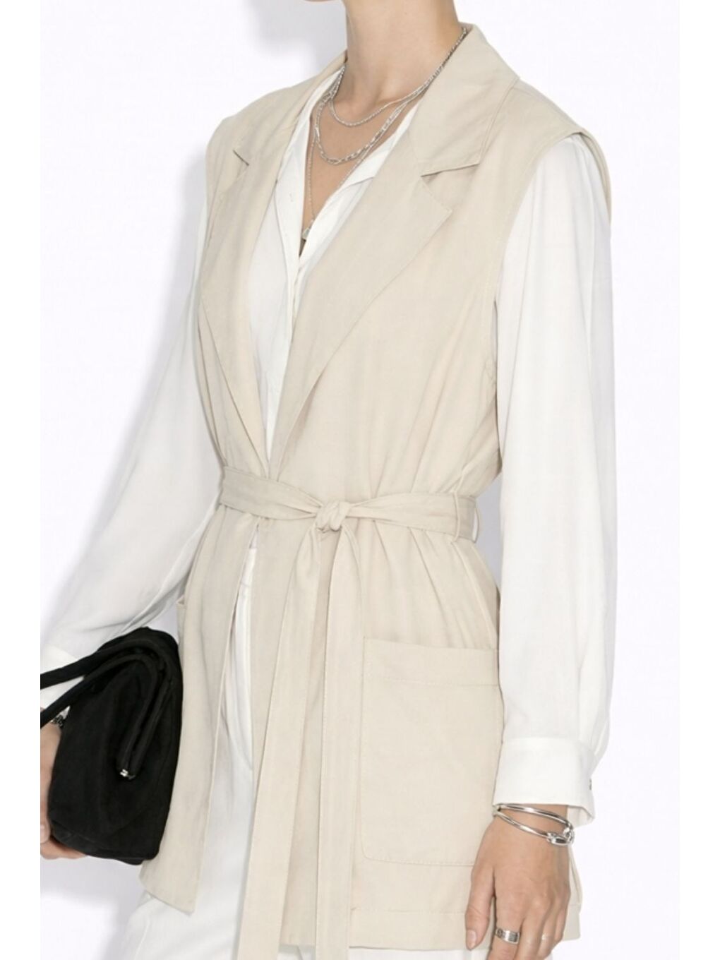 Bej Safari Cepli Kemerli Taş Rengi Pamuk Yelek-1