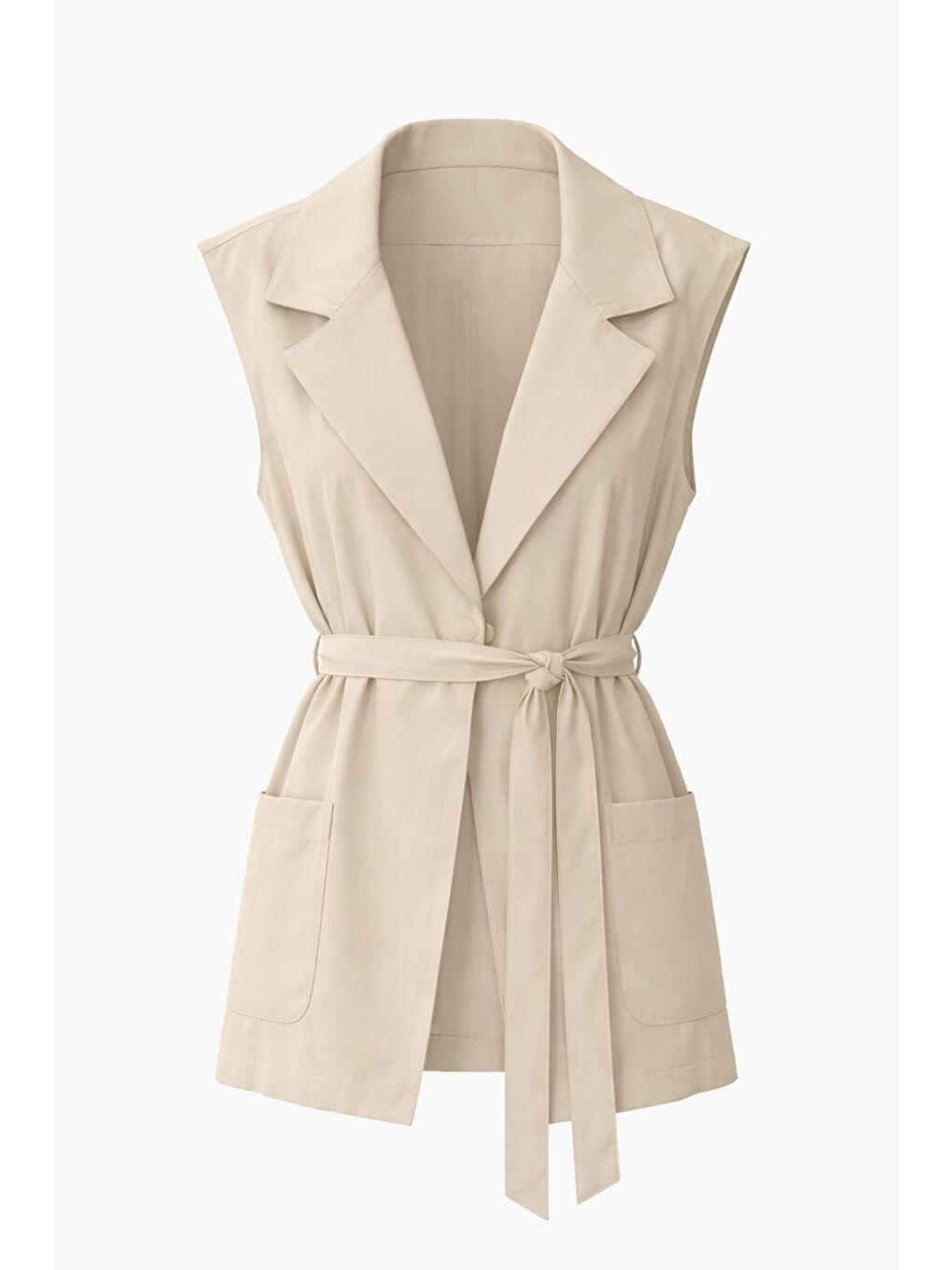 Bej Safari Cepli Kemerli Taş Rengi Pamuk Yelek-3