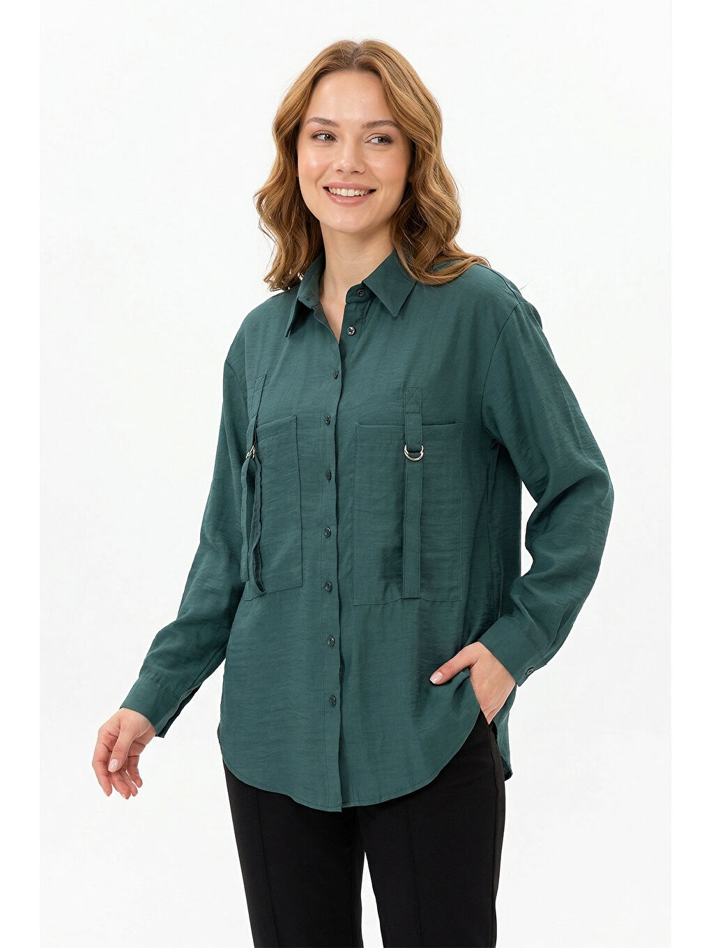 Yeşil Önden İki Cepli Toka Detaylı Gömlek 191 Zümrüt