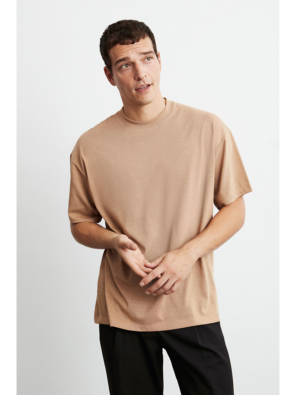 Kahverengi JETT Erkek Oversize Fit %100 organik Pamuk Kalın Dokulu Bisiklet Yakalı KAHVERENGİ T-Shirt-6